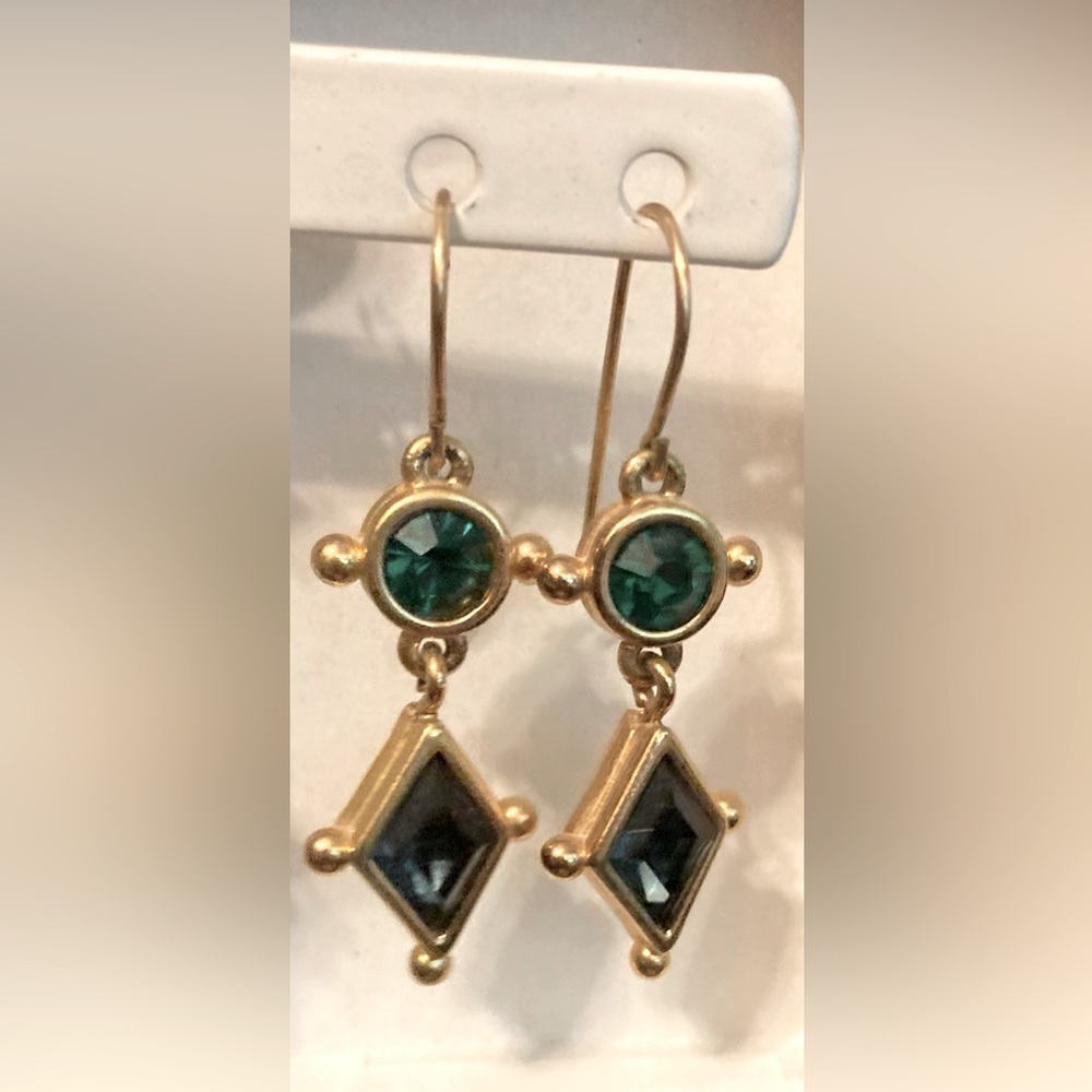 Two pair colored-glass, dangle earrings, gold tone (gold fill), red, green/blue
